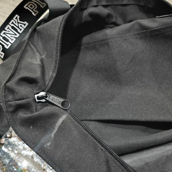 PINK Silver & Black Sequin Large Overnight Tote Carry All Beach Bag - Picture 4 of 10